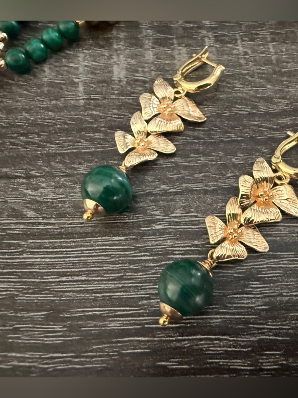 Gold Floral Drop Earrings with Emerald-Green Bead